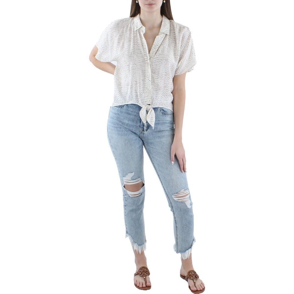 Nine West Women's White Tie Front Collared Button-Down Top Shirt